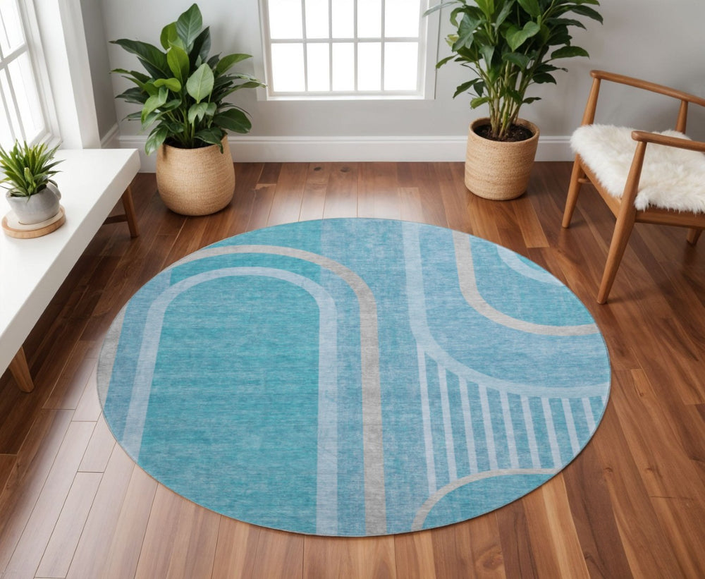 HomeRoots 8' Teal and Khaki Geometric Washable Round Rug - UV Protected, Stain Resistant, Modern Style Decor 647935