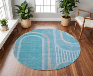 HomeRoots 8' Teal and Khaki Geometric Washable Round Rug - UV Protected, Stain Resistant, Modern Style Decor 647935