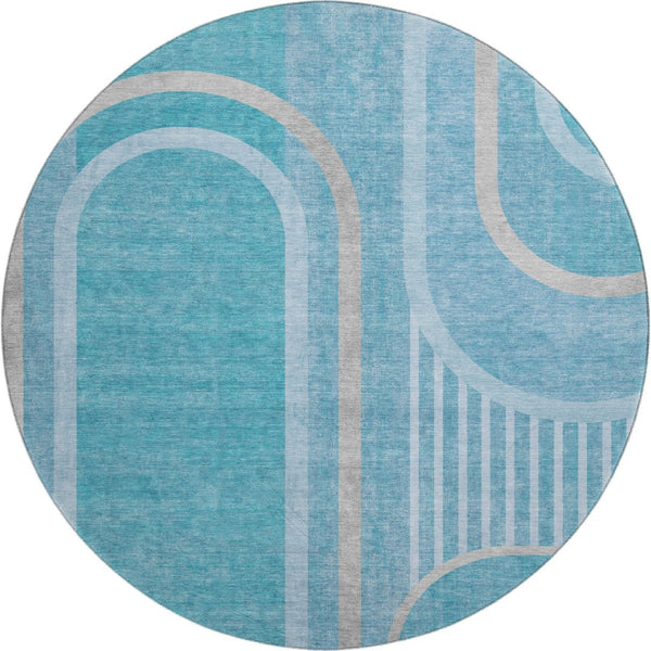 HomeRoots 8' Teal and Khaki Geometric Washable Round Rug - UV Protected, Stain Resistant, Modern Style Decor 647935