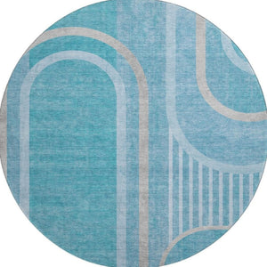 HomeRoots 8' Teal and Khaki Geometric Washable Round Rug - UV Protected, Stain Resistant, Modern Style Decor 647935
