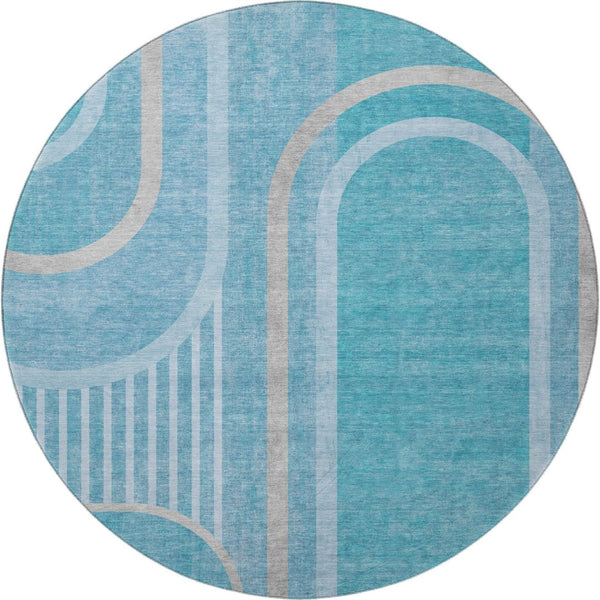 HomeRoots 8' Teal and Khaki Geometric Washable Round Rug - UV Protected, Stain Resistant, Modern Style Decor 647935