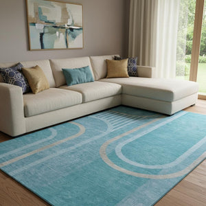 HomeRoots 8' X 10' Washable Teal & Khaki Geometric Area Rug with UV Protection - Durable, Stain-Resistant Design 647936