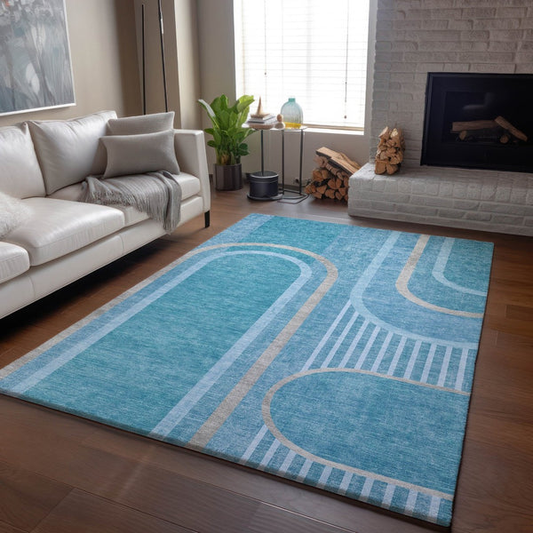 HomeRoots 8' X 10' Washable Teal & Khaki Geometric Area Rug with UV Protection - Durable, Stain-Resistant Design 647936