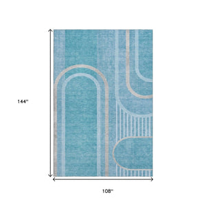 HomeRoots 9' X 12' Teal & Khaki Geometric Area Rug - Washable, UV-Protected, Modern Style for High-Traffic Homes 647937
