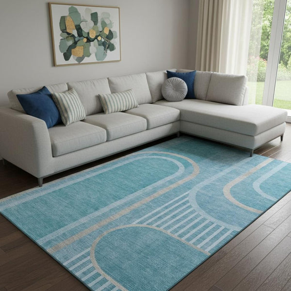 HomeRoots 9' X 12' Teal & Khaki Geometric Area Rug - Washable, UV-Protected, Modern Style for High-Traffic Homes 647937