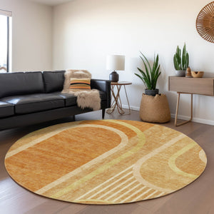 HomeRoots 8' Modern Terra Cotta & Gold Geometric Washable Round Rug with UV Protection for Any Space 647941