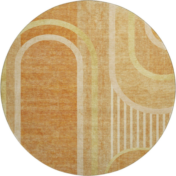 HomeRoots 8' Modern Terra Cotta & Gold Geometric Washable Round Rug with UV Protection for Any Space 647941
