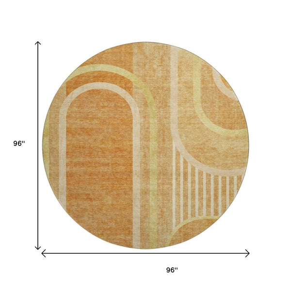 HomeRoots 8' Modern Terra Cotta & Gold Geometric Washable Round Rug with UV Protection for Any Space 647941