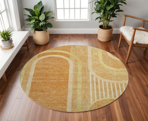HomeRoots 8' Modern Terra Cotta & Gold Geometric Washable Round Rug with UV Protection for Any Space 647941