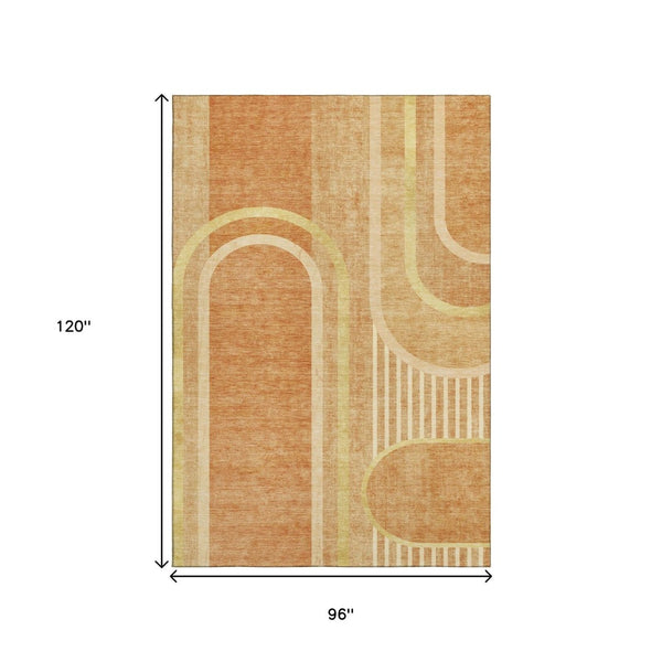 HomeRoots 8' X 10' Stylish Terra Cotta & Gold Geometric Area Rug - Washable, UV Protected, Stain Resistant 647942