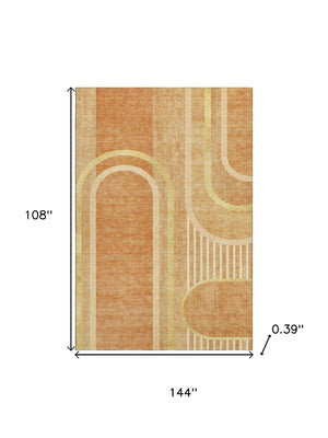 HomeRoots 9' X 12' Terra Cotta & Gold Geometric Washable Area Rug - UV Protected, Durable, Family-Friendly Design 647943