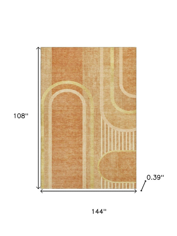 HomeRoots 9' X 12' Terra Cotta & Gold Geometric Washable Area Rug - UV Protected, Durable, Family-Friendly Design 647943