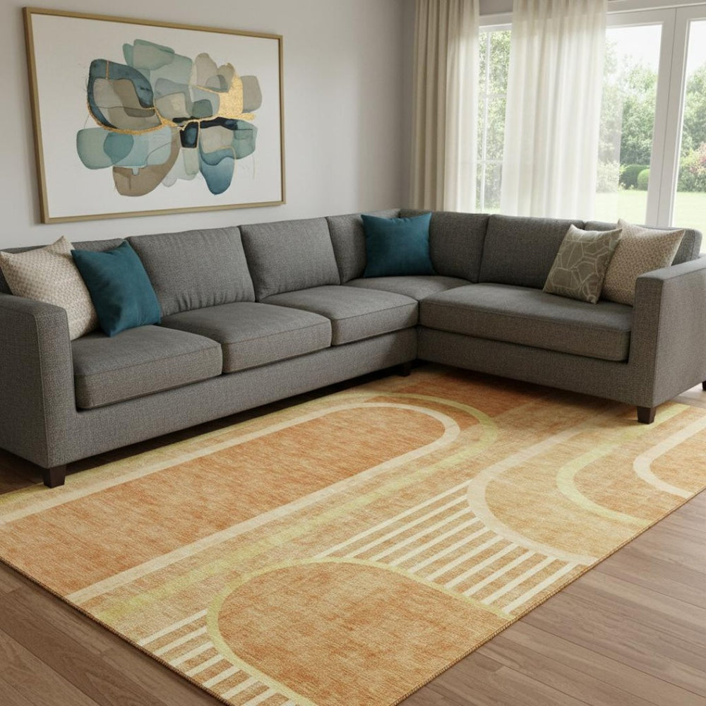 HomeRoots 9' X 12' Terra Cotta & Gold Geometric Washable Area Rug - UV Protected, Durable, Family-Friendly Design 647943