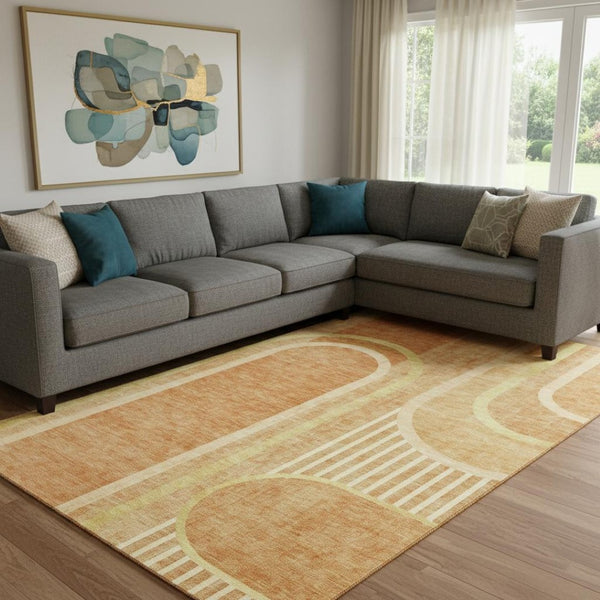 HomeRoots 9' X 12' Terra Cotta & Gold Geometric Washable Area Rug - UV Protected, Durable, Family-Friendly Design 647943