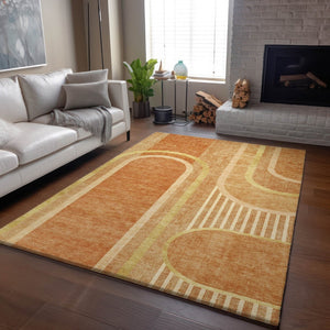 HomeRoots 9' X 12' Terra Cotta & Gold Geometric Washable Area Rug - UV Protected, Durable, Family-Friendly Design 647943
