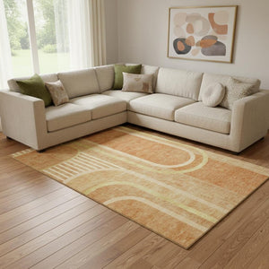 HomeRoots 10' X 14' Terra Cotta and Gold Geometric Washable Rug – Stylish, Stain-Resistant, UV Protected Design! 647944