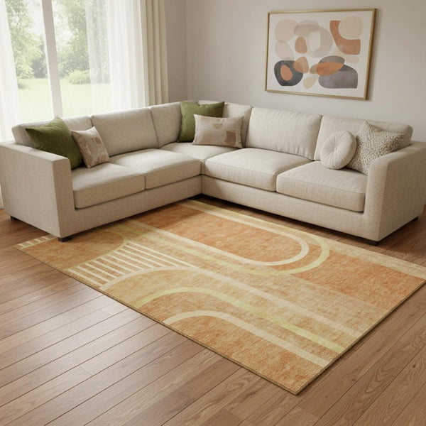 HomeRoots 10' X 14' Terra Cotta and Gold Geometric Washable Rug – Stylish, Stain-Resistant, UV Protected Design! 647944