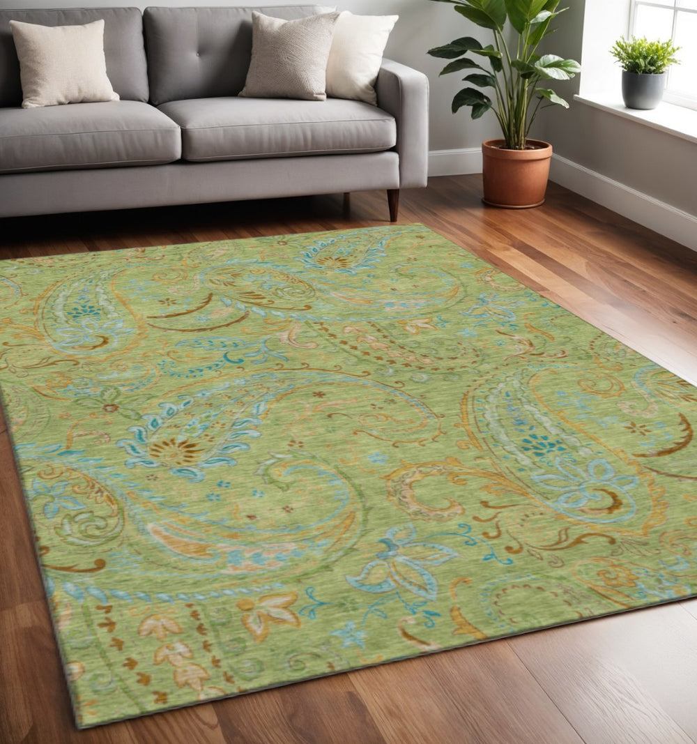 HomeRoots 5' X 8' Fern Green & Blue Paisley Area Rug - Stylish, Washable, UV-Protected for Homes with Kids & Pets 647946