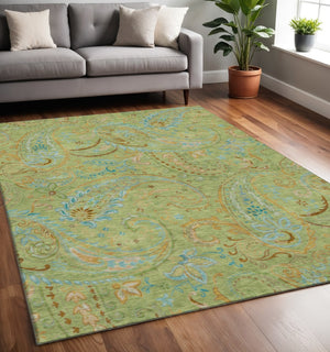 HomeRoots 5' X 8' Fern Green & Blue Paisley Area Rug - Stylish, Washable, UV-Protected for Homes with Kids & Pets 647946