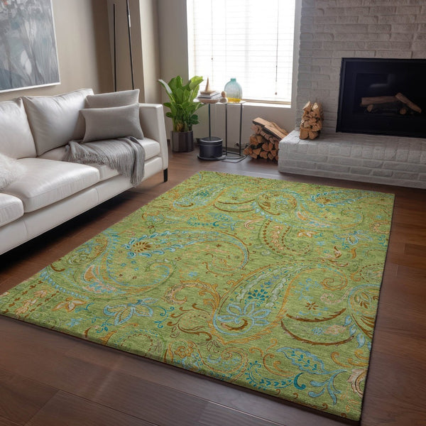 HomeRoots 5' X 8' Fern Green & Blue Paisley Area Rug - Stylish, Washable, UV-Protected for Homes with Kids & Pets 647946