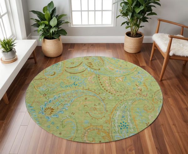 HomeRoots 8' Fern Green and Blue Paisley Washable Round Rug - Durable, UV-Protected, Stylish for Any Space 647947
