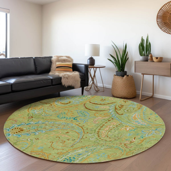 HomeRoots 8' Fern Green and Blue Paisley Washable Round Rug - Durable, UV-Protected, Stylish for Any Space 647947