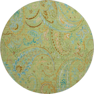 HomeRoots 8' Fern Green and Blue Paisley Washable Round Rug - Durable, UV-Protected, Stylish for Any Space 647947