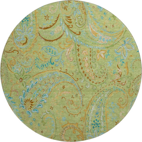 HomeRoots 8' Fern Green and Blue Paisley Washable Round Rug - Durable, UV-Protected, Stylish for Any Space 647947