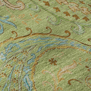 HomeRoots 8' Fern Green and Blue Paisley Washable Round Rug - Durable, UV-Protected, Stylish for Any Space 647947