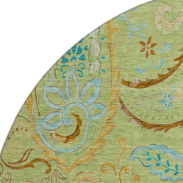 HomeRoots 8' Fern Green and Blue Paisley Washable Round Rug - Durable, UV-Protected, Stylish for Any Space 647947