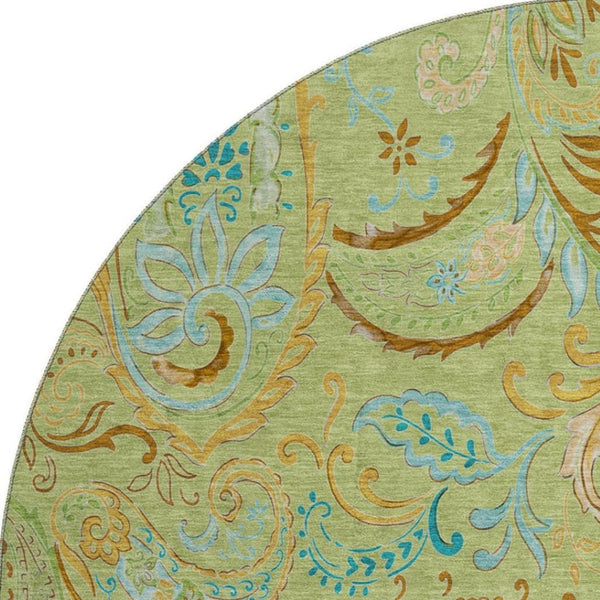HomeRoots 8' Fern Green and Blue Paisley Washable Round Rug - Durable, UV-Protected, Stylish for Any Space 647947