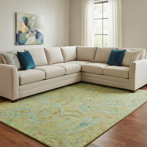 HomeRoots 8' X 10' Fern Green and Blue Paisley Area Rug - Washable, UV-Protected, Durable for High-Traffic Spaces 647948