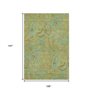 HomeRoots 9' X 12' Fern Green & Blue Paisley Area Rug – Washable, Stain-Resistant, UV-Protected for Modern Living 647949