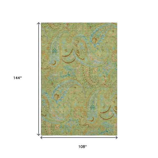 HomeRoots 9' X 12' Fern Green & Blue Paisley Area Rug – Washable, Stain-Resistant, UV-Protected for Modern Living 647949