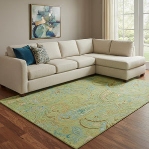 HomeRoots 9' X 12' Fern Green & Blue Paisley Area Rug – Washable, Stain-Resistant, UV-Protected for Modern Living 647949