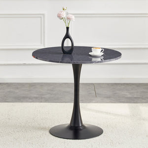 English Elm Round Faux Marble Tulip Pedestal Dining Table Mid Century Modern for Small Bistro Spaces Black+Gery W2920P405346