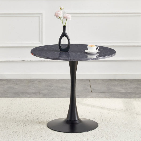 English Elm Round Faux Marble Tulip Pedestal Dining Table Mid Century Modern for Small Bistro Spaces Black+Gery W2920P405346