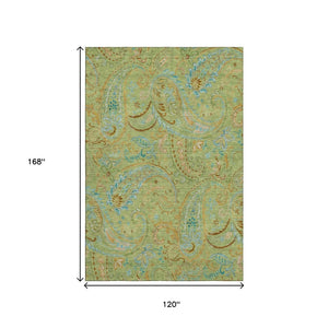 HomeRoots 10' X 14' Fern Green and Blue Paisley Area Rug - Washable, UV-Protected, Stain-Resistant, Durable Design! 647950