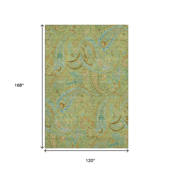 HomeRoots 10' X 14' Fern Green and Blue Paisley Area Rug - Washable, UV-Protected, Stain-Resistant, Durable Design! 647950