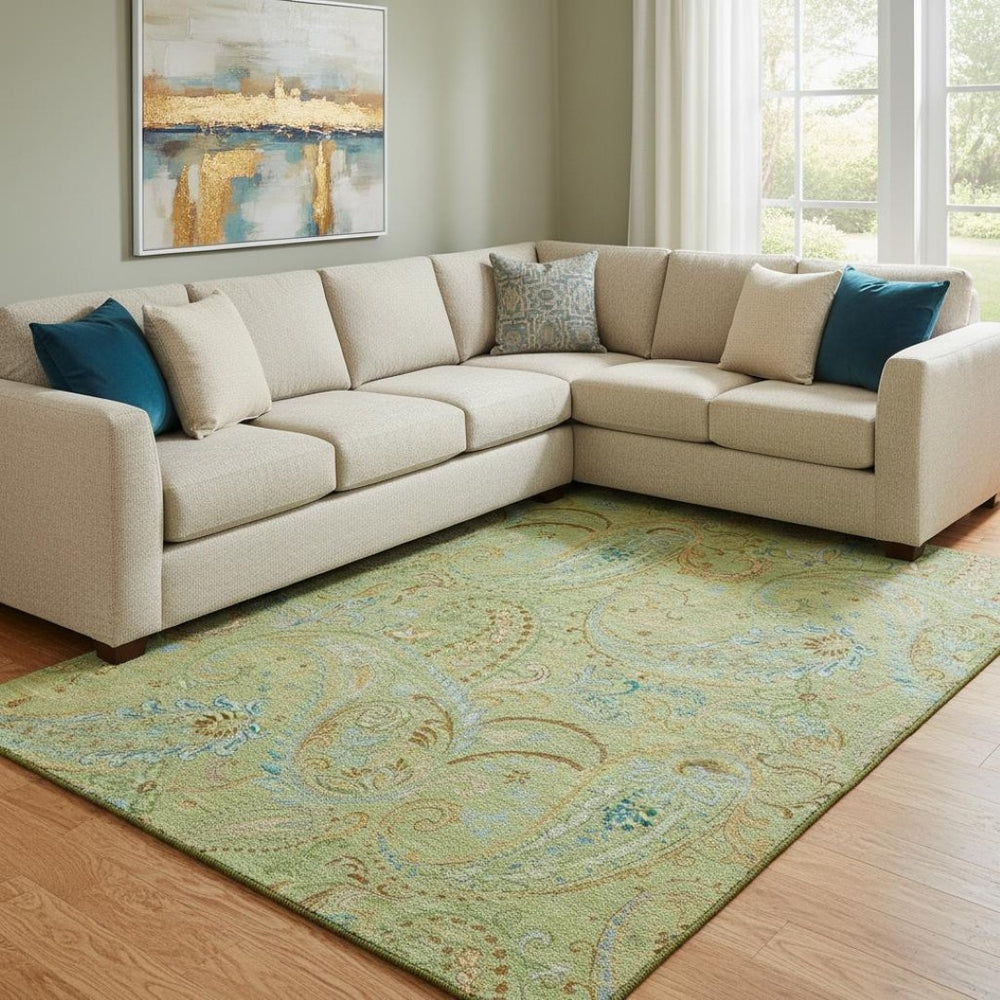 HomeRoots 10' X 14' Fern Green and Blue Paisley Area Rug - Washable, UV-Protected, Stain-Resistant, Durable Design! 647950