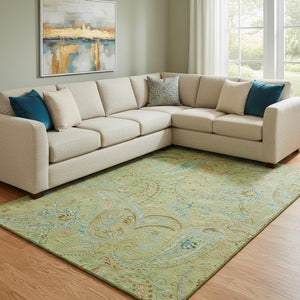 HomeRoots 10' X 14' Fern Green and Blue Paisley Area Rug - Washable, UV-Protected, Stain-Resistant, Durable Design! 647950