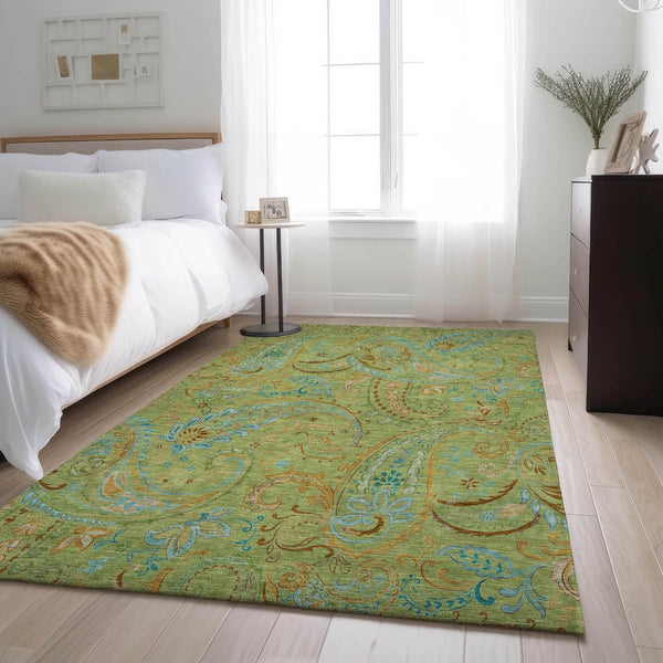 HomeRoots 10' X 14' Fern Green and Blue Paisley Area Rug - Washable, UV-Protected, Stain-Resistant, Durable Design! 647950