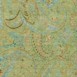 HomeRoots 10' X 14' Fern Green and Blue Paisley Area Rug - Washable, UV-Protected, Stain-Resistant, Durable Design! 647950