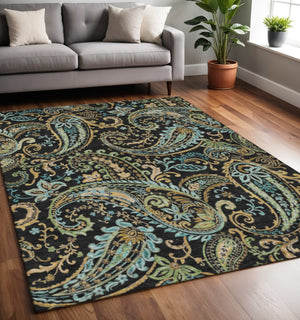 HomeRoots 5' X 8' Paisley Area Rug in Black, Blue, and Green - Washable, UV-Protected, and Durable Design! 647952