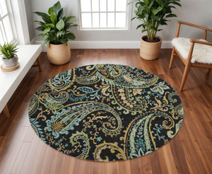HomeRoots 8' Vibrant Black Blue Green Paisley Washable Round Rug with UV Protection for Easy Care & Style 647953