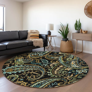 HomeRoots 8' Vibrant Black Blue Green Paisley Washable Round Rug with UV Protection for Easy Care & Style 647953