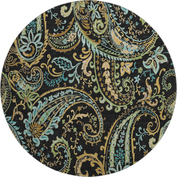 HomeRoots 8' Vibrant Black Blue Green Paisley Washable Round Rug with UV Protection for Easy Care & Style 647953