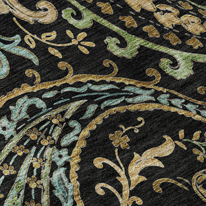 HomeRoots 8' Vibrant Black Blue Green Paisley Washable Round Rug with UV Protection for Easy Care & Style 647953