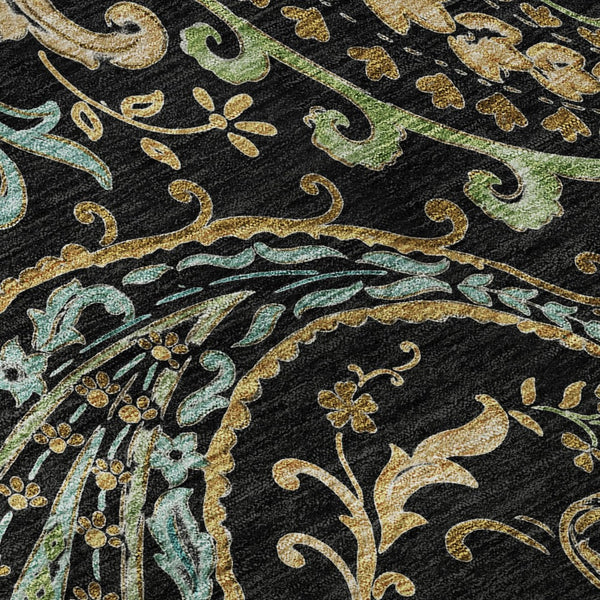 HomeRoots 8' Vibrant Black Blue Green Paisley Washable Round Rug with UV Protection for Easy Care & Style 647953