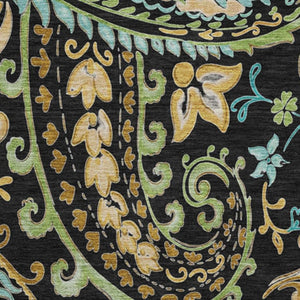 HomeRoots 8' Vibrant Black Blue Green Paisley Washable Round Rug with UV Protection for Easy Care & Style 647953
